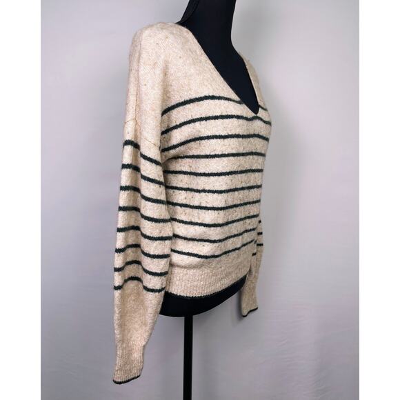Madewell Merino Wool Oatmeal & Dark Green Striped V Neck Sweater Women’s Small - Picture 4 of 12